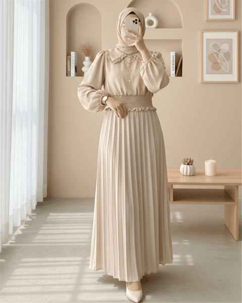Beli Lastikli Bebe Yaka Uzun Kol Bluz   -Bej-Bluz-349-3032-R56