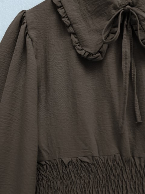 Beli Lastikli Bebe Yaka Uzun Kol Bluz  -Kahve-Bluz-349-3032-R15