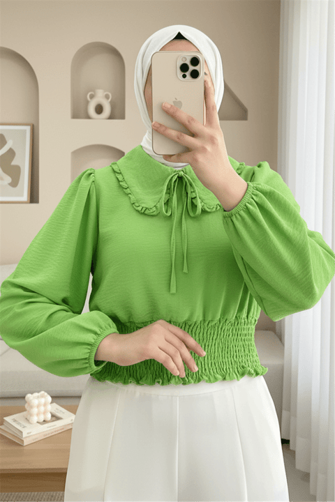 Beli Lastikli Bebe Yaka Uzun Kol Bluz  -Yeşil-Bluz-349-3032-R35