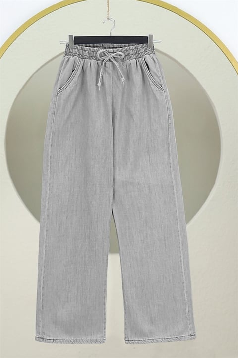 Beli Lastikli Cepli Bol Paça Kot Pantolon         -Gri-Pantolon-136-0840-R11