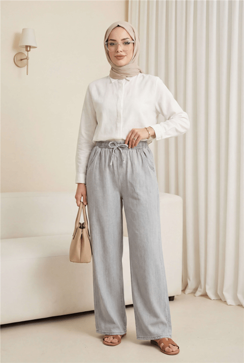 Beli Lastikli Cepli Bol Paça Kot Pantolon         -Gri-Pantolon-136-0840-R11