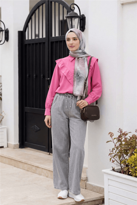 Beli Lastikli Cepli Bol Paça Kot Pantolon         -Gri-Pantolon-136-0840-R11