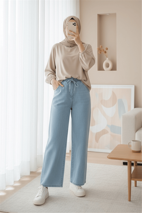 Beli Lastikli Cepli Bol Paça Kot Pantolon       -Bebe Mavi-Pantolon-136-0840-R32