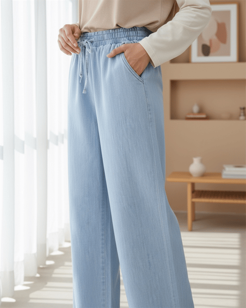 Beli Lastikli Cepli Bol Paça Kot Pantolon       -Bebe Mavi-Pantolon-136-0840-R32