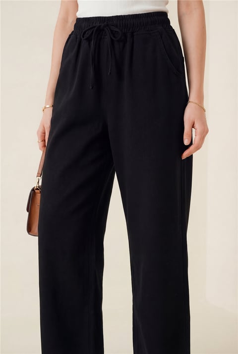 Beli Lastikli Cepli Bol Paça Pantolon  -Siyah-Kot Pantolon-136-0840-R01