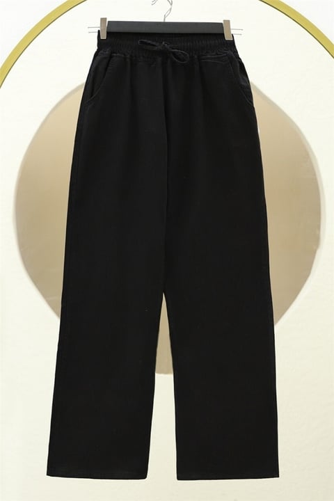 Beli Lastikli Cepli Bol Paça Pantolon  -Siyah-Kot Pantolon-136-0840-R01