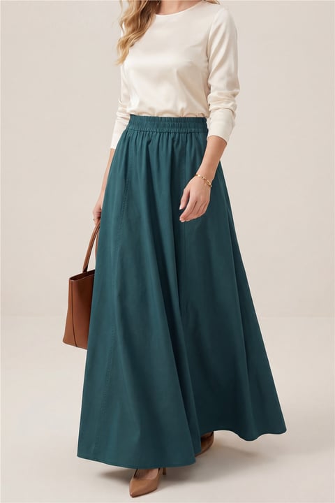 Beli Lastikli Çift Cepli Poplin Kloş Etek           -Zümrüt-Etek-327-5018-R17