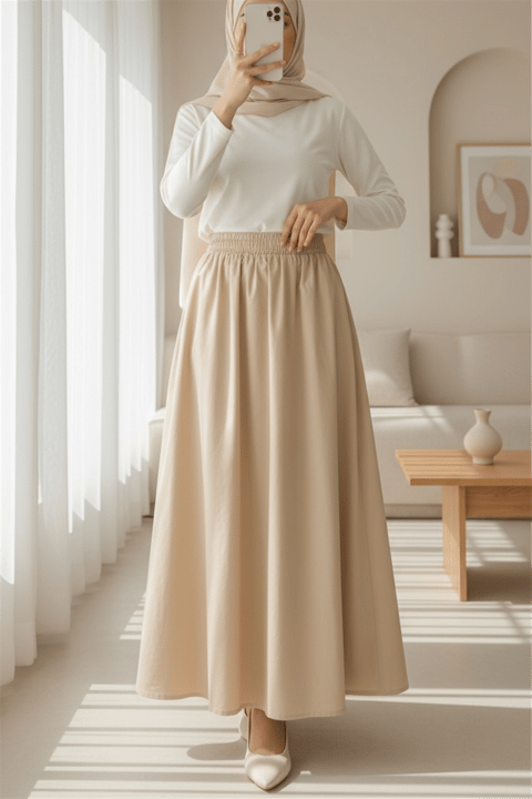 Beli Lastikli Çift Cepli Poplin Kloş Etek          -Somon-Etek-327-5018-R13