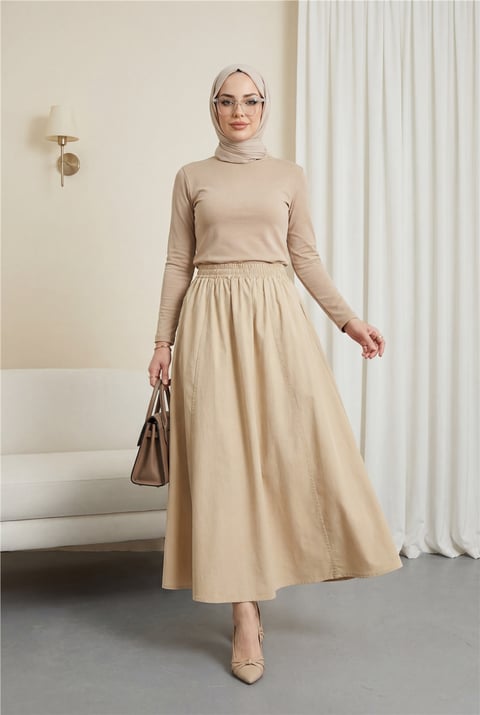 Beli Lastikli Çift Cepli Poplin Kloş Etek        -Sarı-Etek-327-5018-R22