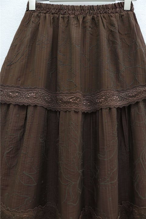 Beli Lastikli Dantel Detaylı Kabartmalı Astarlı Vual Etek -Kahverengi-Etek-370-37227-R15