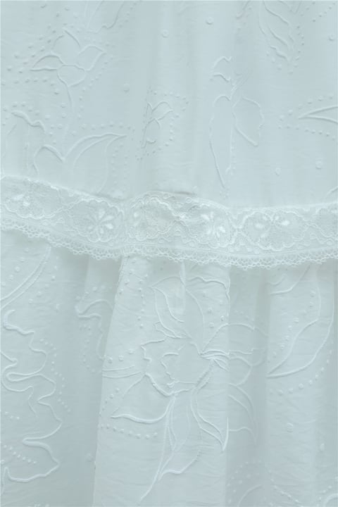 Beli Lastikli Dantel Detaylı Kabartmalı Astarlı Vual Etek -Beyaz-Etek-370-37227-R02