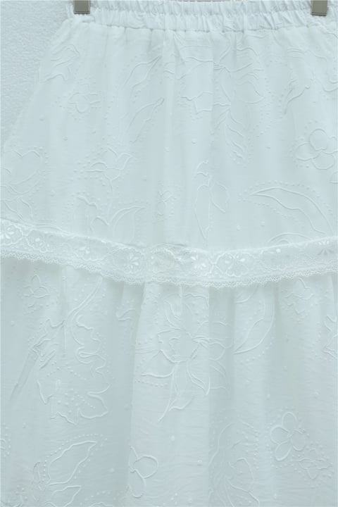 Beli Lastikli Dantel Detaylı Kabartmalı Astarlı Vual Etek -Beyaz-Etek-370-37227-R02
