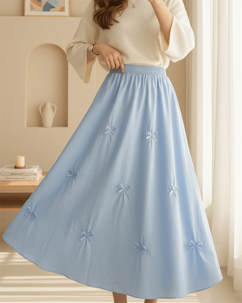 Beli Lastikli Fiyonk Detaylı Poplin Etek -Bebe Mavi-Etek-421-10064-R32