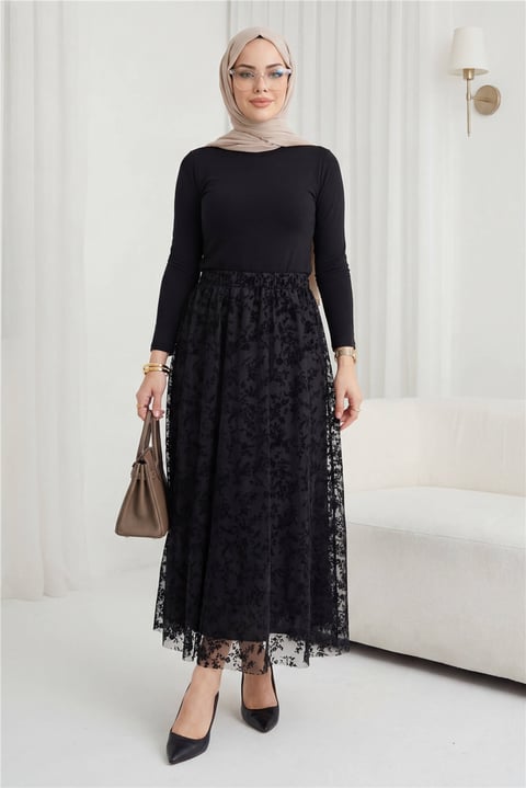 Beli Lastikli Flog Baskılı Astarlı Tül Etek -Siyah-Etek-349-8064-R01