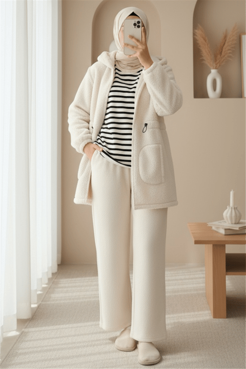 Beli Lastikli Kapşonlu Fermuarlı Peluş Mont  -Bej-Mont-349-6039-R56