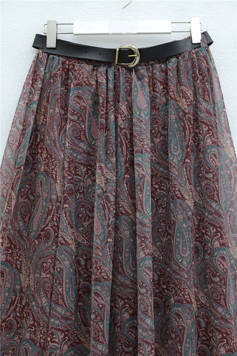 Beli Lastikli Kemerli Astarlı Desenli Tül Etek -Bordo-Etek-253-13175-R04