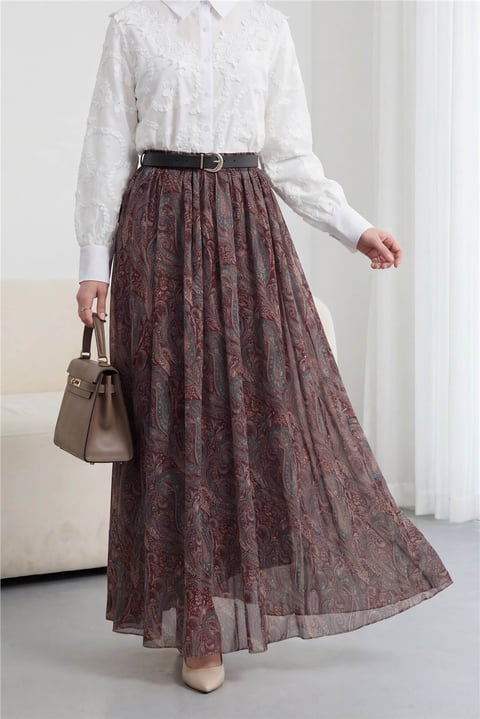 Beli Lastikli Kemerli Astarlı Desenli Tül Etek -Bordo-Etek-253-13175-R04