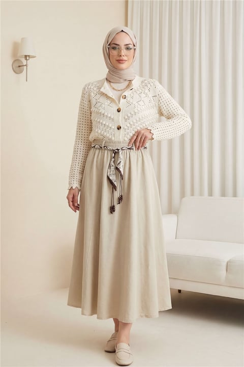 Beli Lastikli Kemerli Cepli Keten Etek -Taş-Etek-306-0043-R43