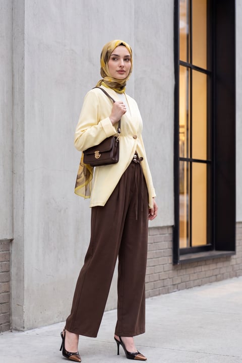 Beli Lastikli Kolu Katlamalı Tek Düğmeli Krep Kimono -Sarı