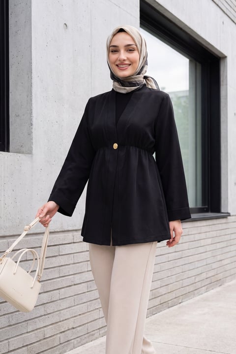 Beli Lastikli Kolu Katlamalı Tek Düğmeli Krep Kimono -Siyah