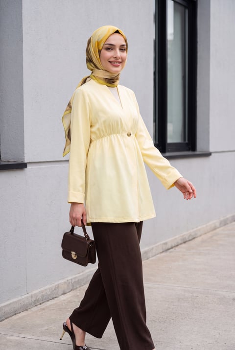 Beli Lastikli Kolu Katlamalı Tek Düğmeli Krep Kimono -Sarı