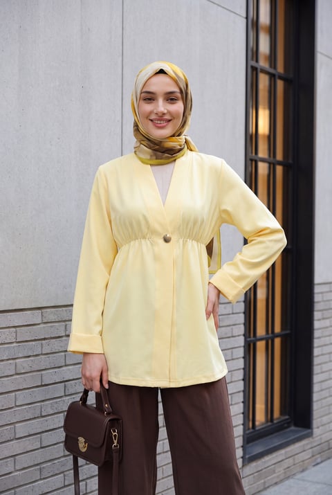 Beli Lastikli Kolu Katlamalı Tek Düğmeli Krep Kimono -Sarı