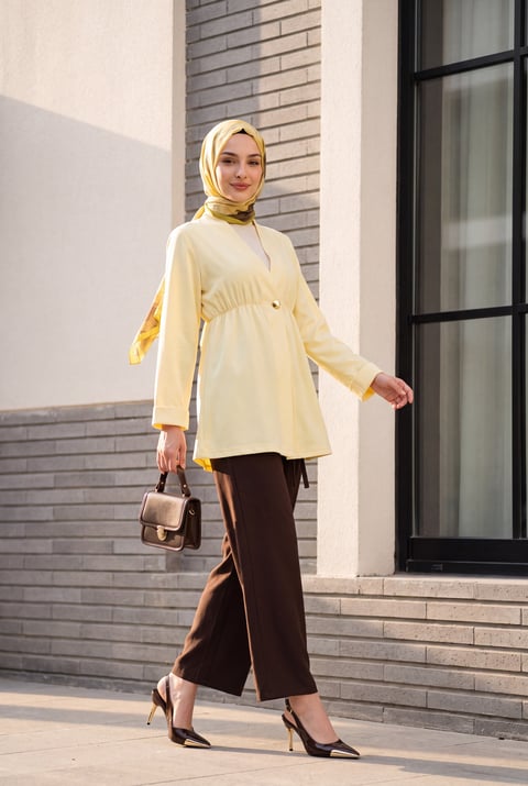 Beli Lastikli Kolu Katlamalı Tek Düğmeli Krep Kimono -Sarı