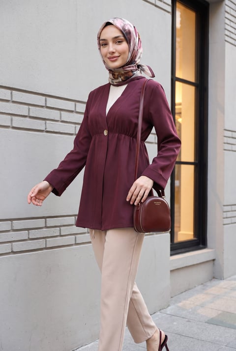 Beli Lastikli Kolu Katlamalı Tek Düğmeli Krep Kimono -Mürdüm