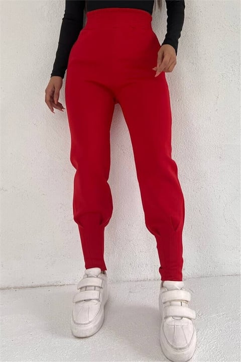 بنطال سكوبا بخصر مطاطي وجيب مخيط - أحمر-Dar Paça Pantolon-358-9935-R33