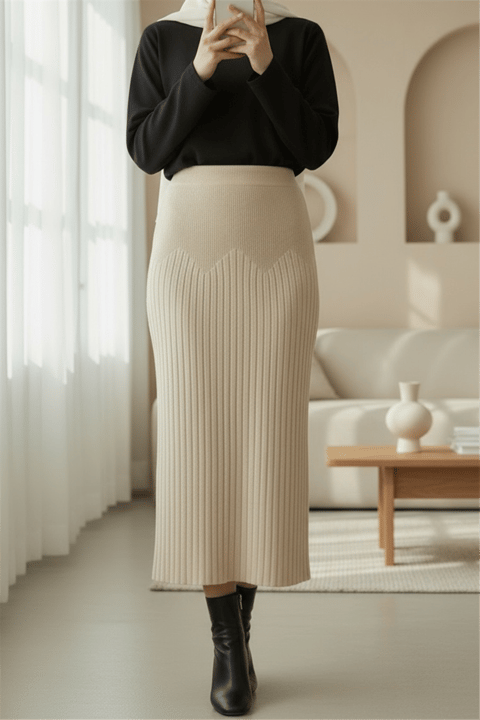 Beli Lastikli Pliseli Triko Etek -Krem-Etek-307-4001-R28