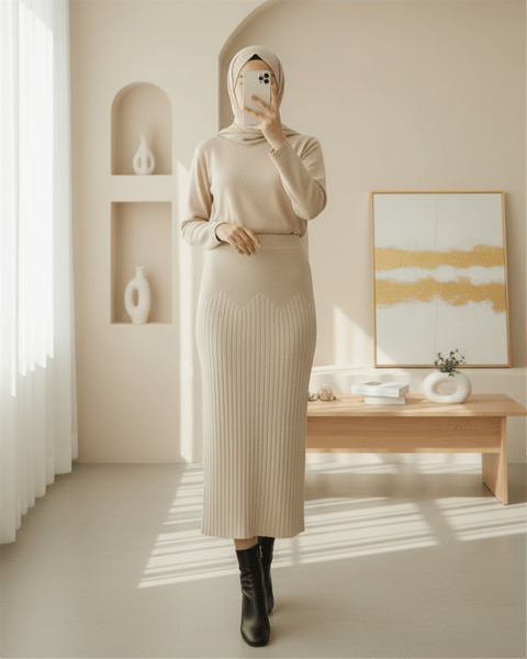 Beli Lastikli Pliseli Triko Etek -Krem-Etek-307-4001-R28