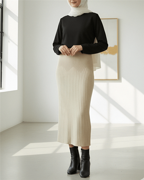 Beli Lastikli Pliseli Triko Etek -Krem-Etek-307-4001-R28