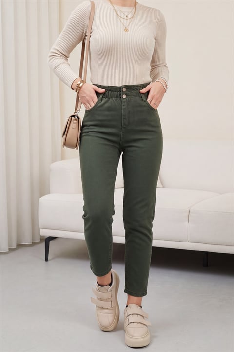 بنطال جينز بخصر عالي - كاكي-Kot Pantolon-318-4813-R05