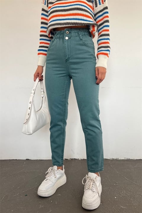 جينز عالي الخصر بخصر مطاطي - نعناعي-Kot Pantolon-318-4813-R24