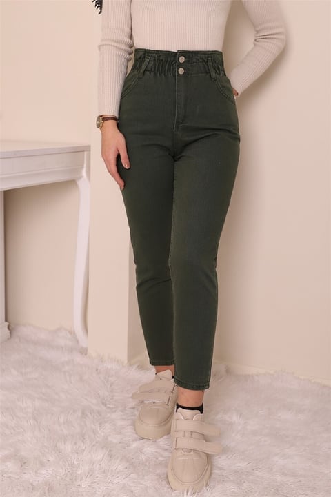 بنطال جينز بخصر عالي - كاكي-Kot Pantolon-318-4813-R05