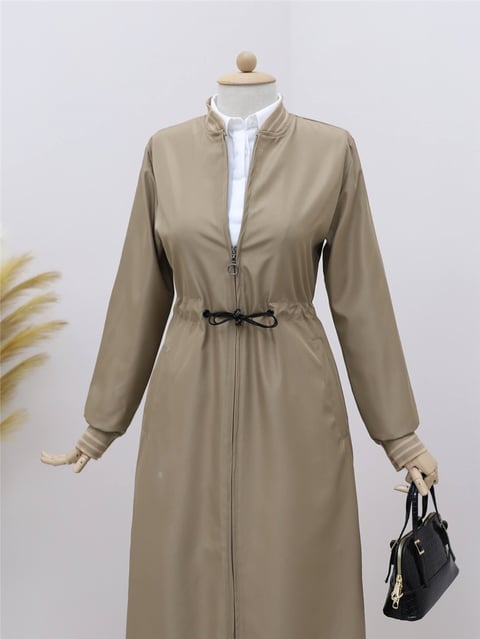 Beli Tünel Bağcıklı Cepli Trenckot -Açık Vizon-Trençkot-197-3805-R51