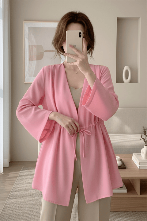 Beli Tünel Bağcıklı Modal Kimono  -Pembe-KİMONO&KAFTAN-223-3060-R20