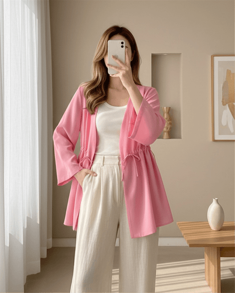 Beli Tünel Bağcıklı Modal Kimono  -Pembe-KİMONO&KAFTAN-223-3060-R20