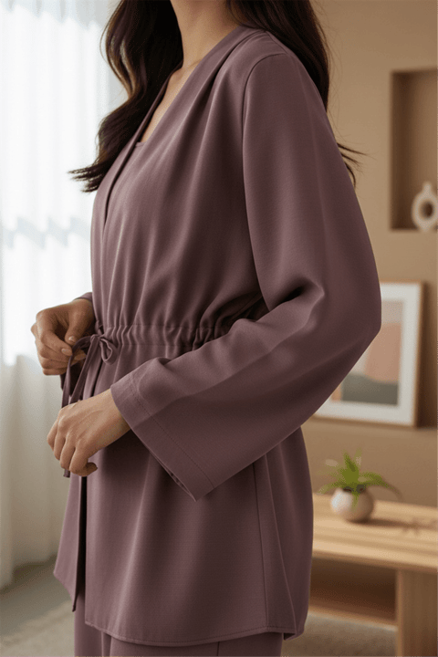 Beli Tünel Bağcıklı Modal Kimono  -Vişne-Kimono&Kaftan-223-3060-R44