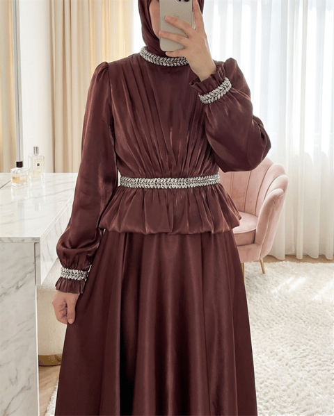 Beli Volan Detaylı Taşlı Janjan Saten Abiye -G.Kurusu-Abiye-316-4879-R27