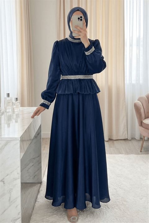 Beli Volan Detaylı Taşlı Janjan Saten Abiye -Laci-Abiye-316-4879-R03