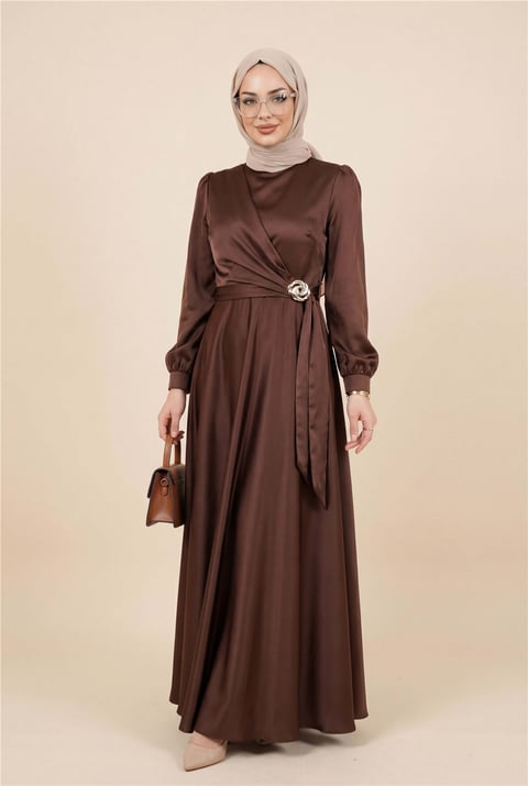 Beli Yandan Bağcıklı Tokalı Saten Abiye -Kahve-Abiye-316-4896-R15