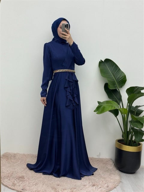 Beli Zincir Detaylı Önü Fırfırlı Saten Abiye -Laci-Saten Abiye-337-6832-R03
