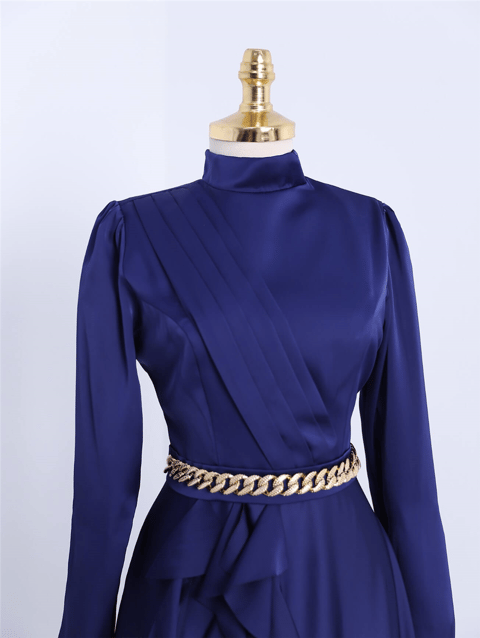 Beli Zincir Detaylı Önü Fırfırlı Saten Abiye -Laci-Saten Abiye-337-6832-R03