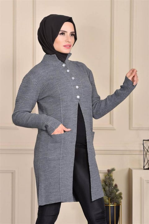 Beş Düğmeli Kemerli Triko Ceket -Gri
