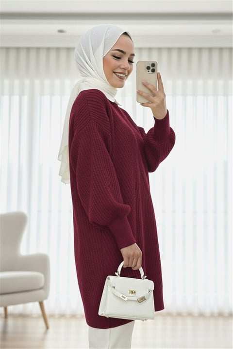 Bisiklet Yaka Baklava Desen Triko Kazak           -Bordo-Kazak-109-0023-R04