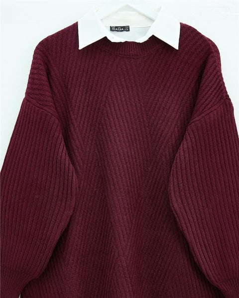 Bisiklet Yaka Baklava Desen Triko Kazak           -Bordo-Kazak-109-0023-R04