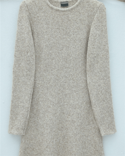 Bisiklet Yaka Beli Oturtmalı Yumoş Triko Elbise -Bej-Elbise-109-0959-R56