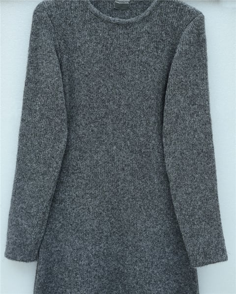 Bisiklet Yaka Beli Oturtmalı Yumoş Triko Elbise -Füme-Elbise-109-0959-R18