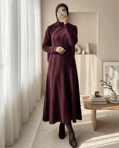 Bisiklet Yaka Beli Oturtmalı Yumoş Triko Elbise  -Mürdüm-Elbise-109-0959-R09